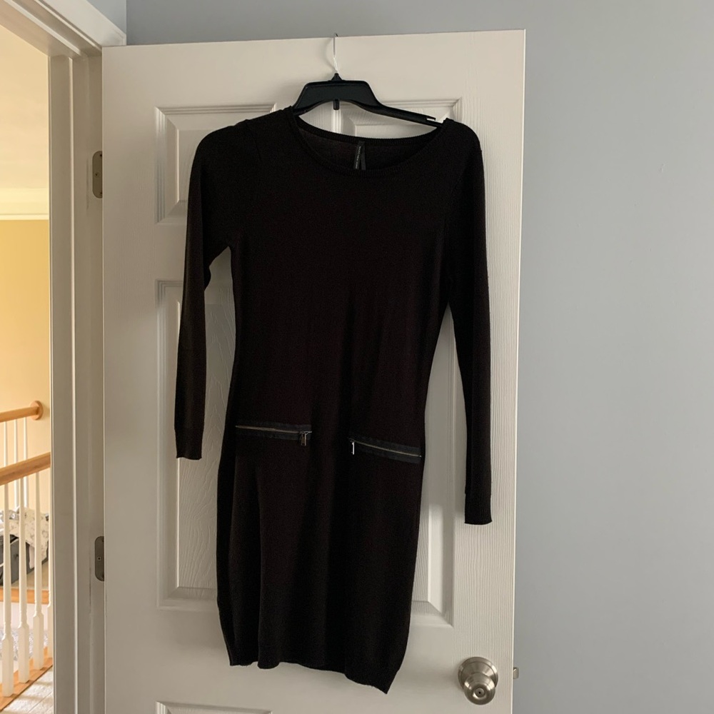 Black long sleeve lightweight sweater dress with zip faux pocket detail